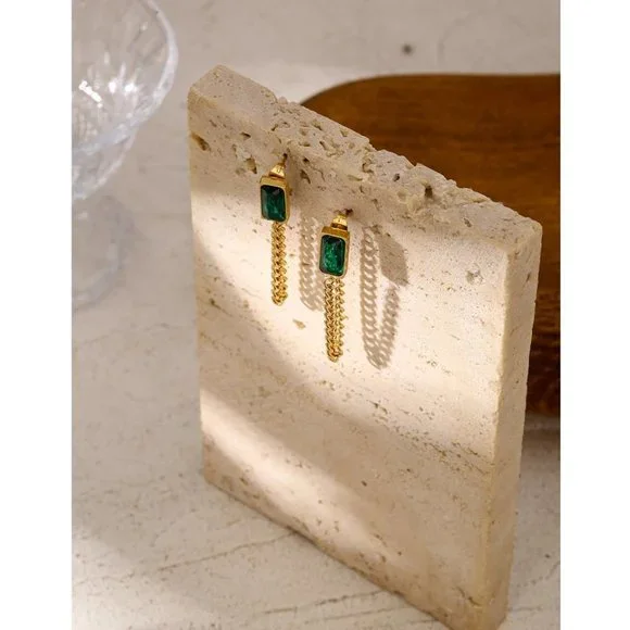 New 18K Gold Plated Green Crystal Chain Earrings - Picture 4 of 6